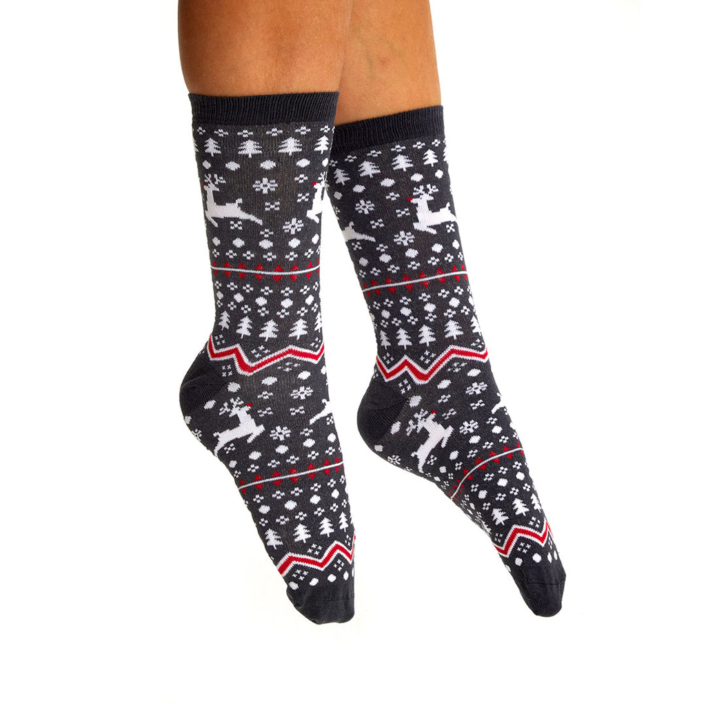 Grey Unisex Christmas Socks with Reindeers and Trees Womens and Mens