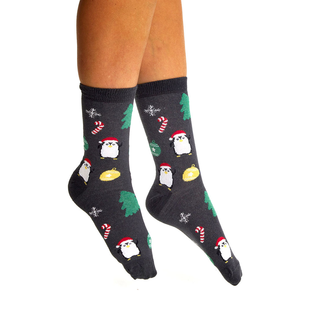 Grey Unisex Christmas Socks with Trees and Penguins Womens and Mens