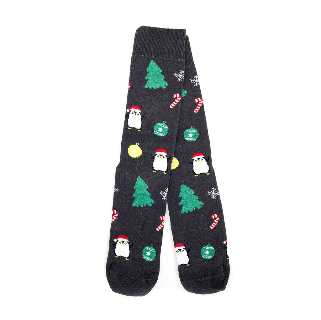 Grey Unisex Christmas Socks with Trees and Penguins