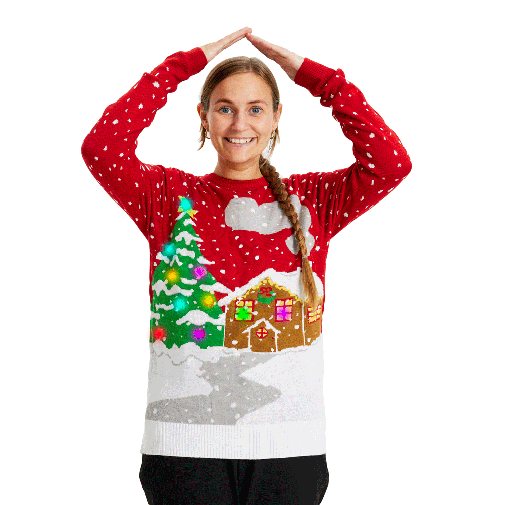 LED light-up Christmas Jumper with Tree, House and Snow Womens