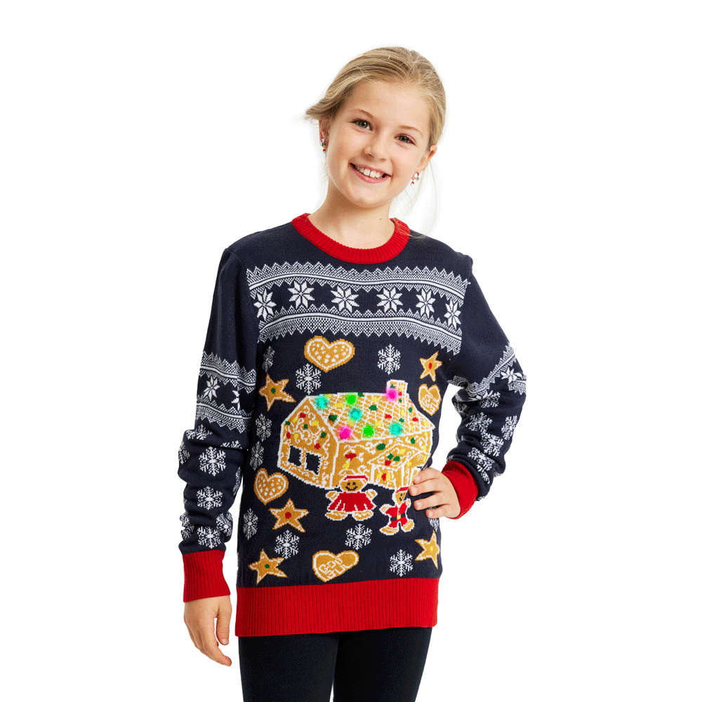 LED light-up Family Christmas Jumper with Gingerbread House Kids Boys Girls