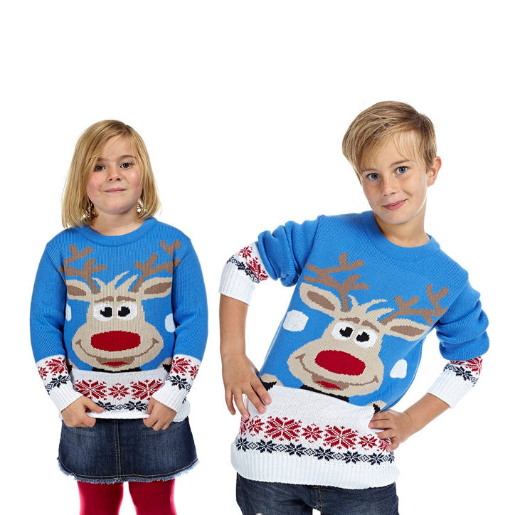 Light Blue Boys and Girls Christmas Jumper with Reindeer and Snow Kids