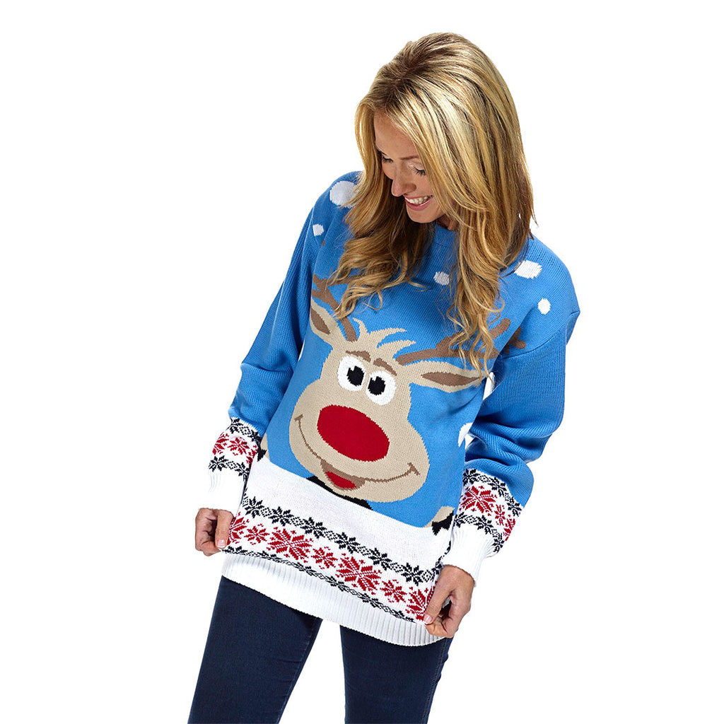 Light Blue Christmas Jumper with Reindeer and Snow Womens