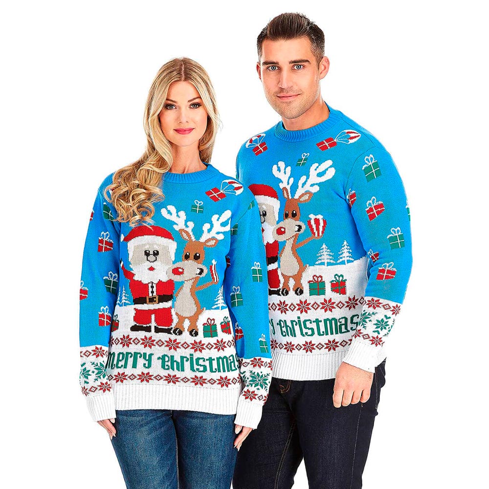 Light Blue Christmas Jumper with Santa and Rudolph Couple