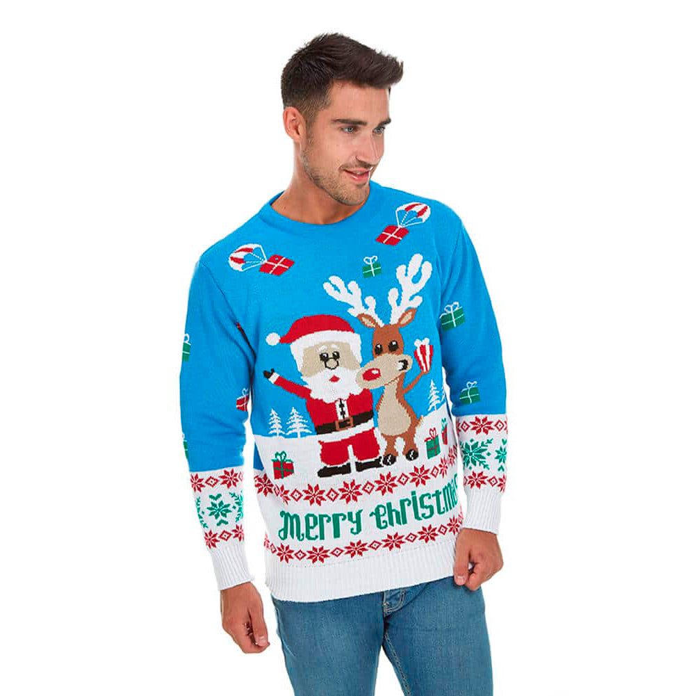 Light Blue Christmas Jumper with Santa and Rudolph Mens