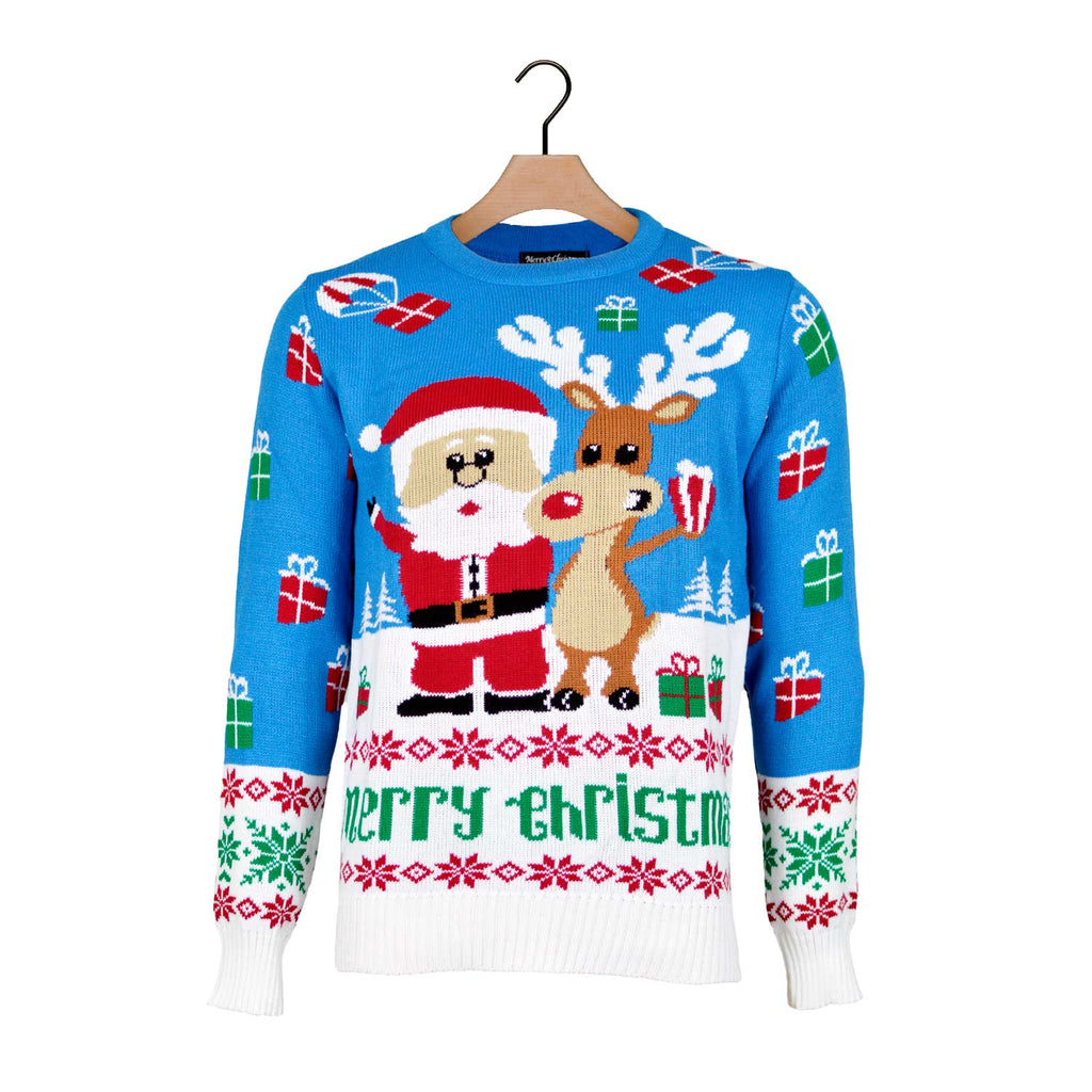 Light Blue Christmas Jumper with Santa and Rudolph