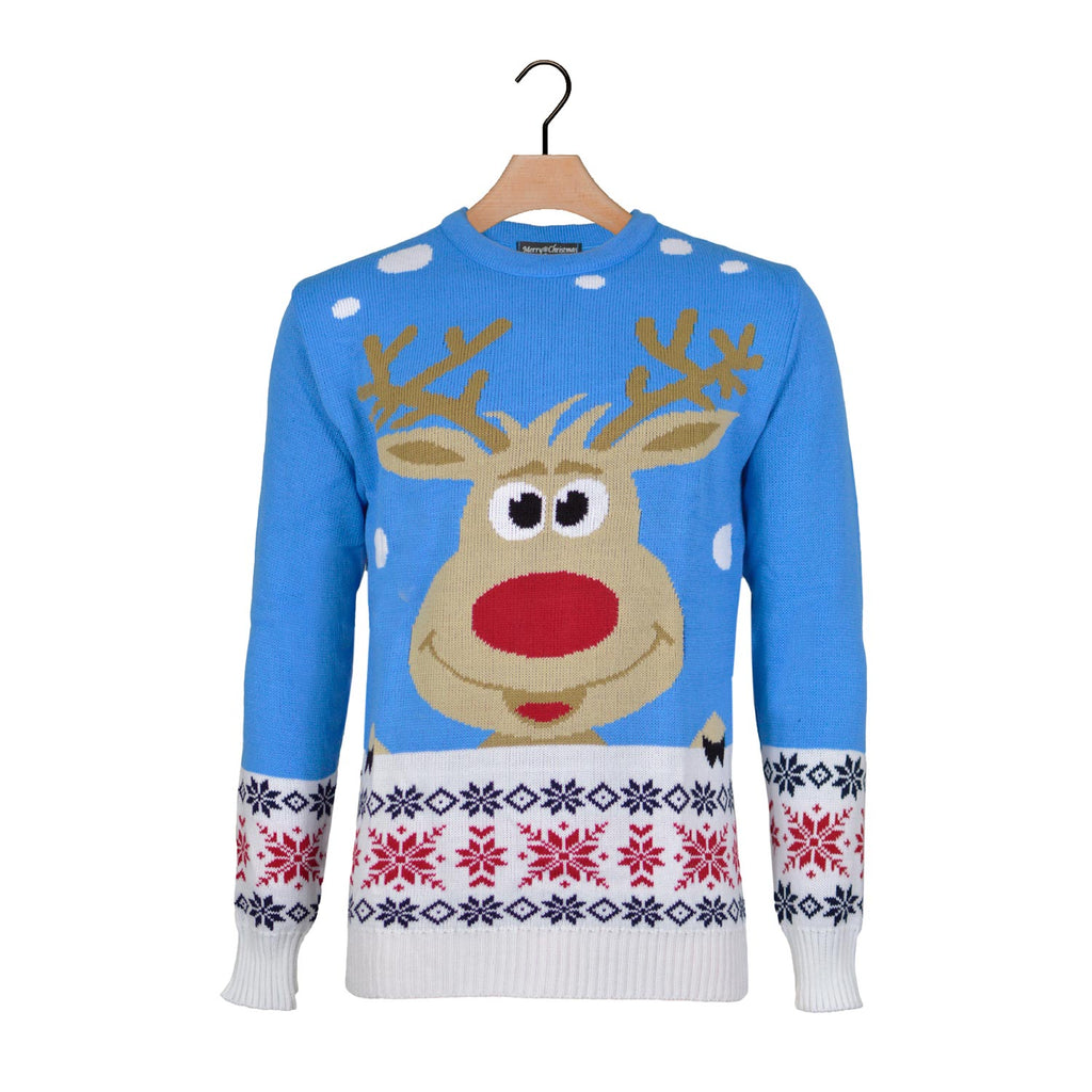 Light Blue Family Christmas Jumper with Reindeer and Snow