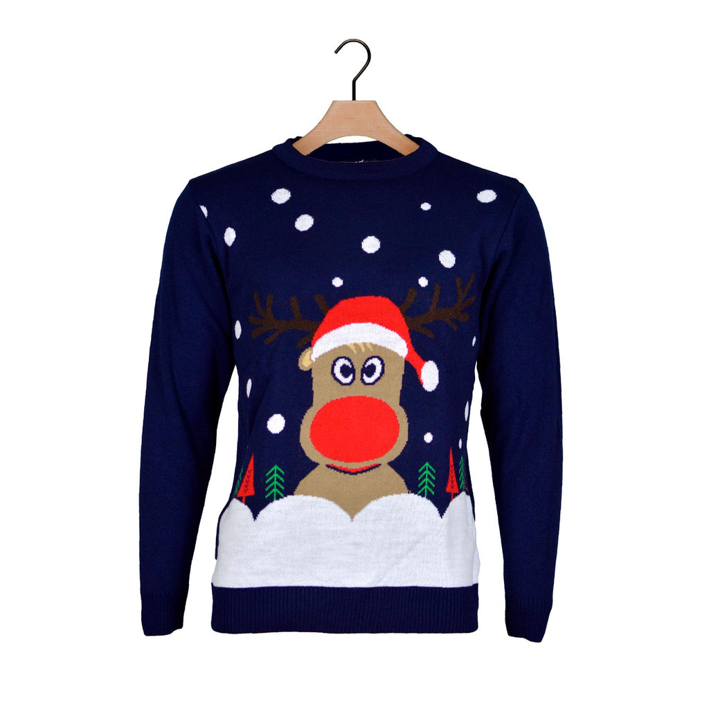 Navy Blue Christmas Jumper with Reindeer and Snow