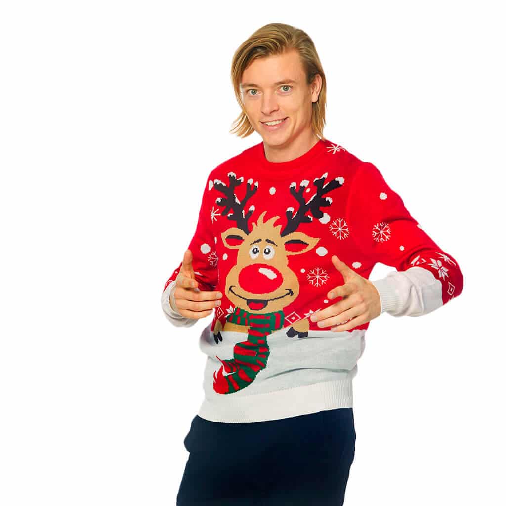 Organic Cotton Christmas Jumper Reindeer with Scarf Mens