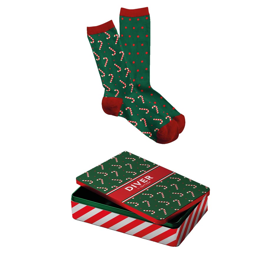 Pack 2 Green Christmas Socks with Metal Box