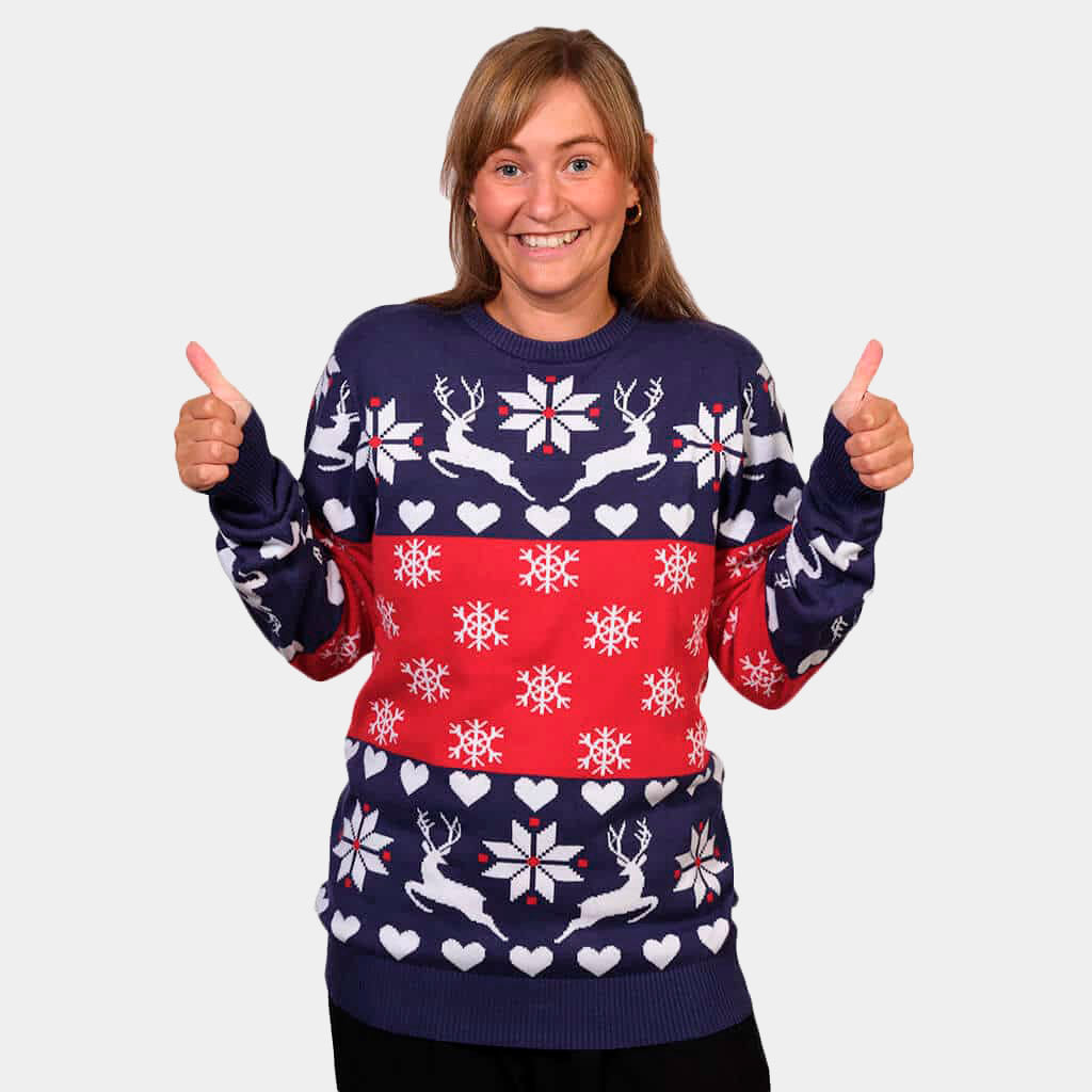 Womens Red and Blue Christmas Jumper with Reindeers and Hearts