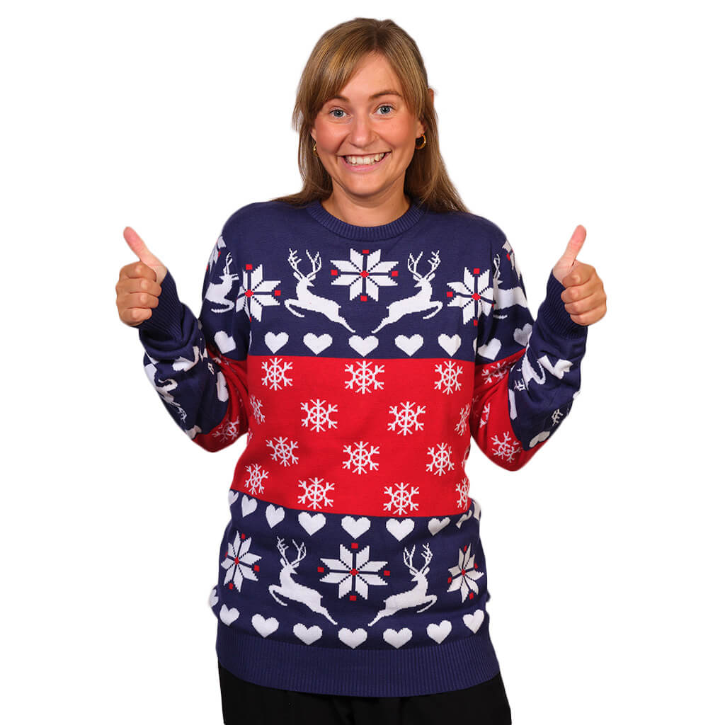 Womens Red and Blue Christmas Jumper with Reindeers and Hearts