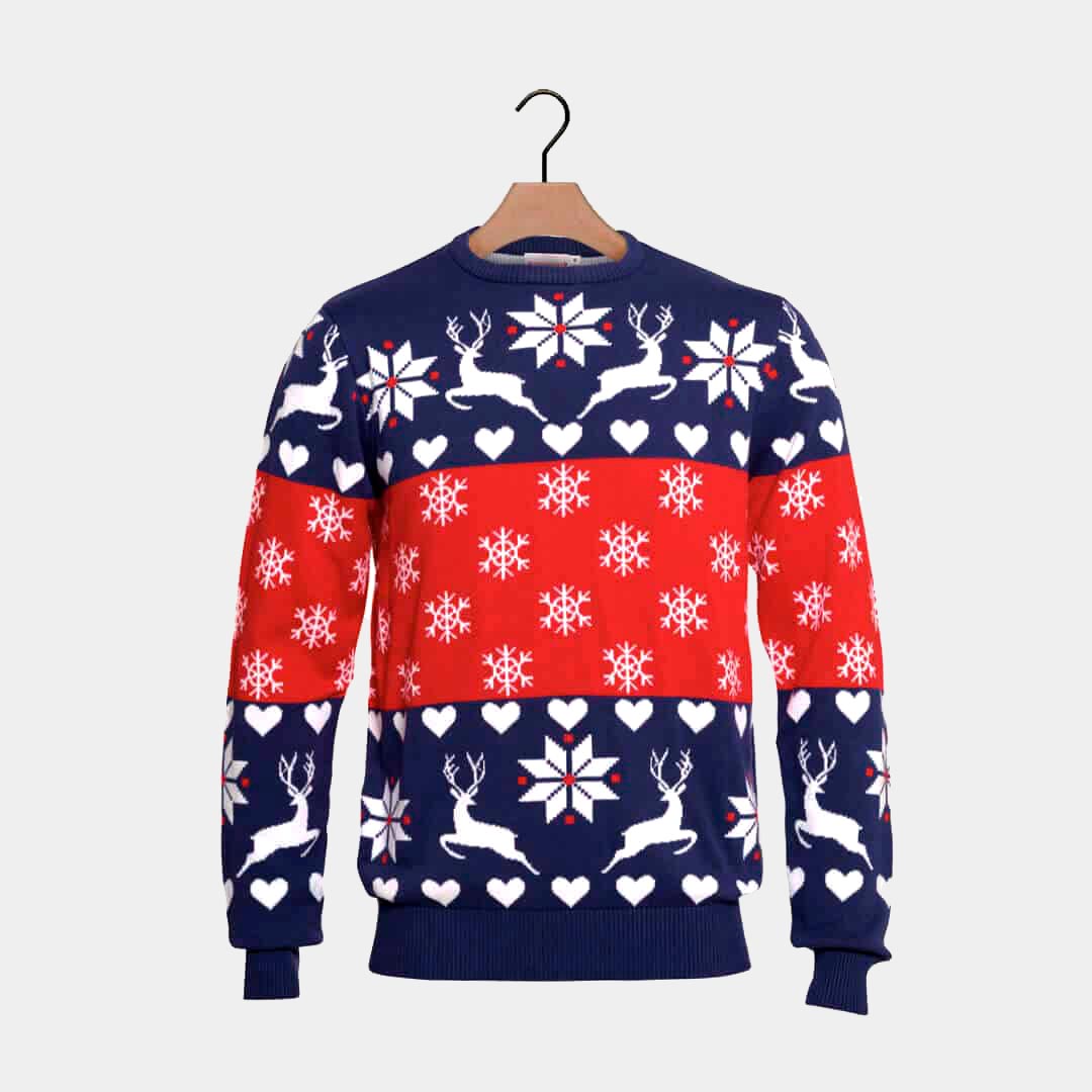 Red and Blue Christmas Jumper with Reindeers and Hearts