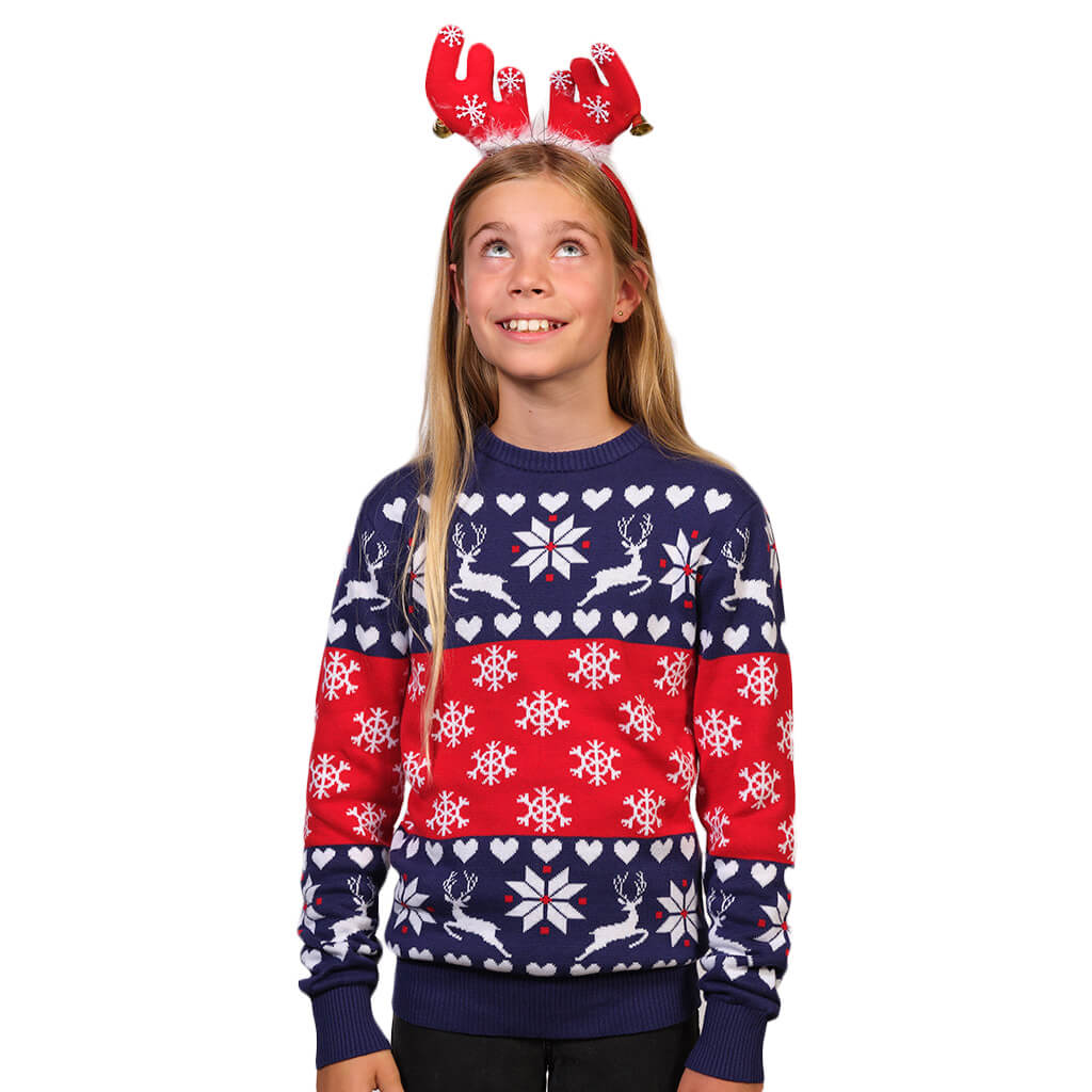 Girls Red and Blue Family Christmas Jumper with Reindeers and Hearts