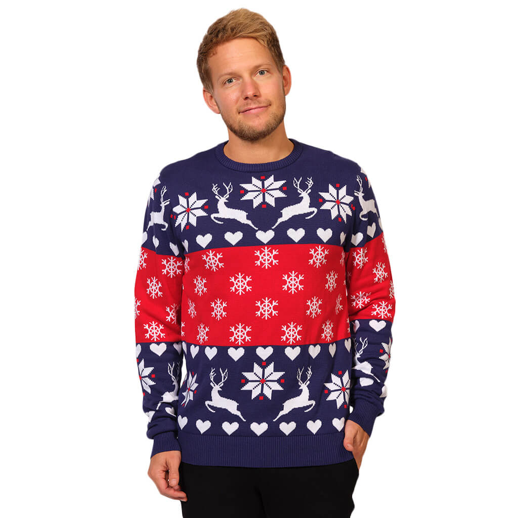 Mens Red and Blue Family Christmas Jumper with Reindeers and Hearts