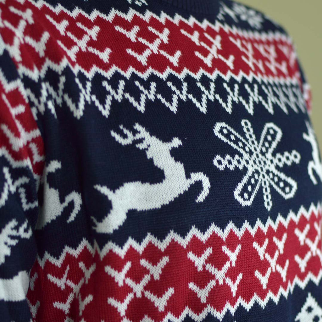 Red and Blue Strips Boys and Girls Christmas Jumper Detail Snow