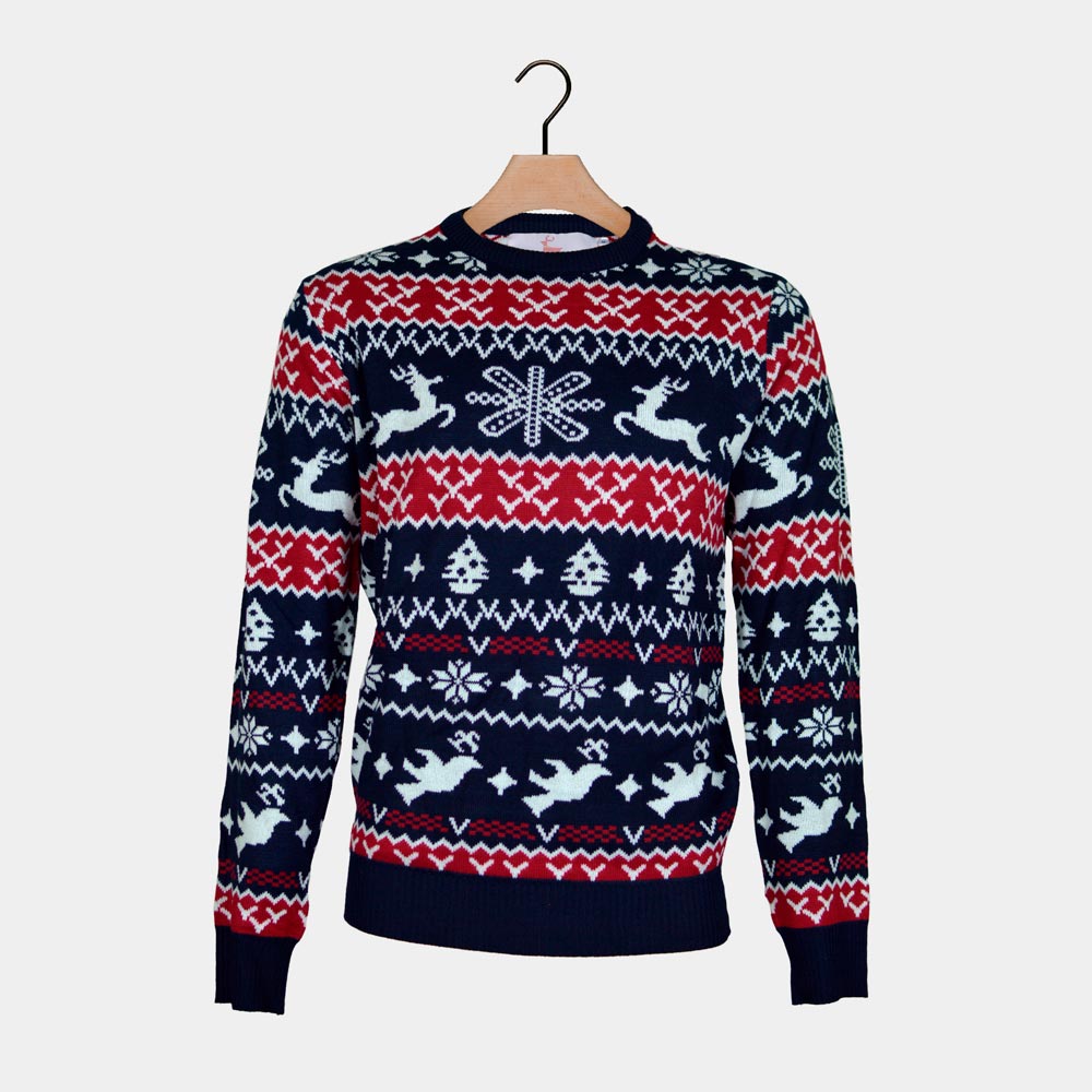 Women's Christmas Jumper - Merry Christmas Tree Design, Soft Feel Festive Sweater (Blue Trees, Black)