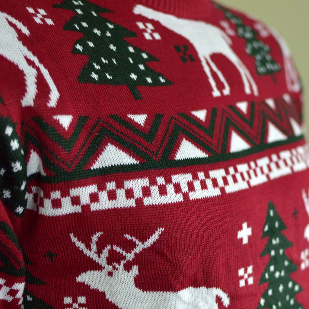 Red Boys and Girls Christmas Jumper with Reindeers and Christmas Trees Detail Snow
