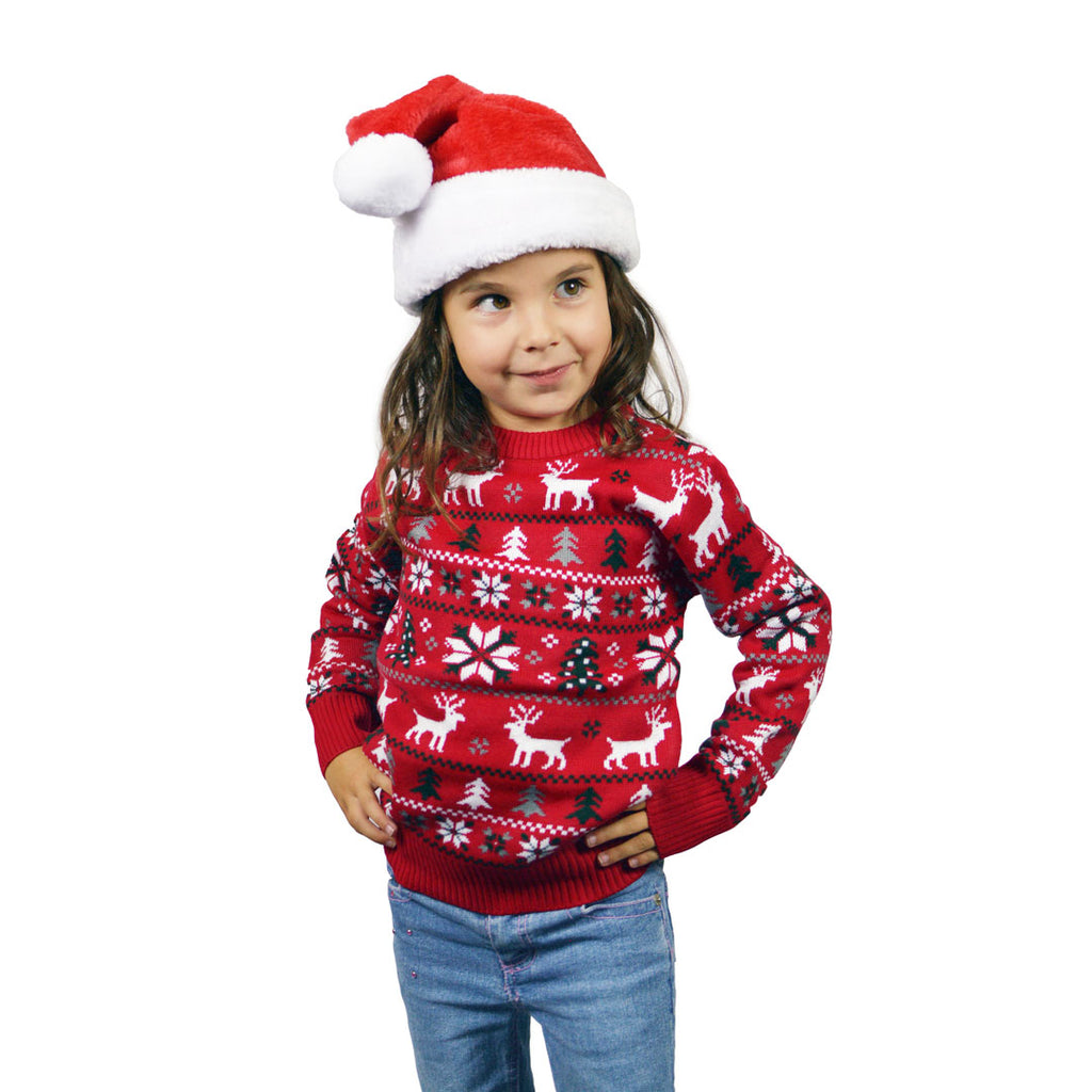 Red Boys and Girls Christmas Jumper with Reindeers, Trees and Polar Star Kids