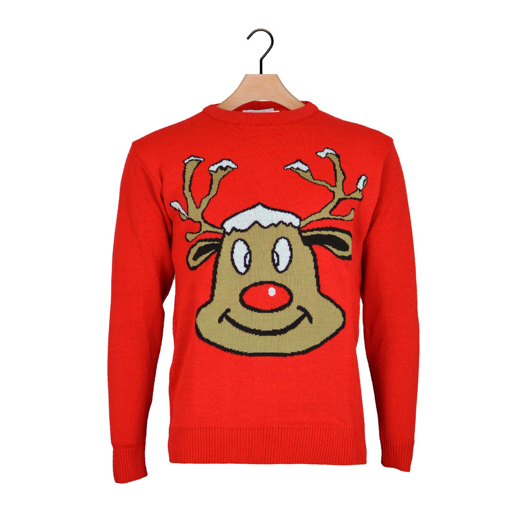 Red Boys and Girls Christmas Jumper with Smiling Reindeer