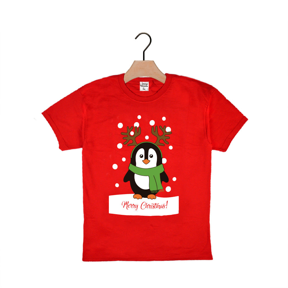 Red Boys and Girls Christmas T-Shirt with Penguin