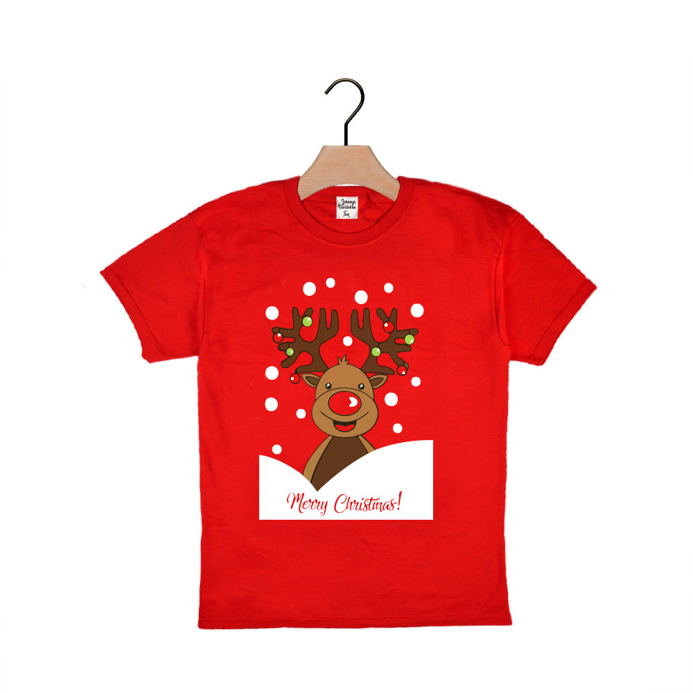 Red Boys and Girls Christmas T-Shirt with Rudolph Reindeer