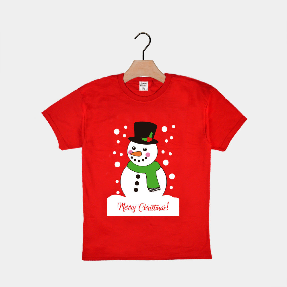 Red Boys and Girls Christmas T-Shirt with Snowman