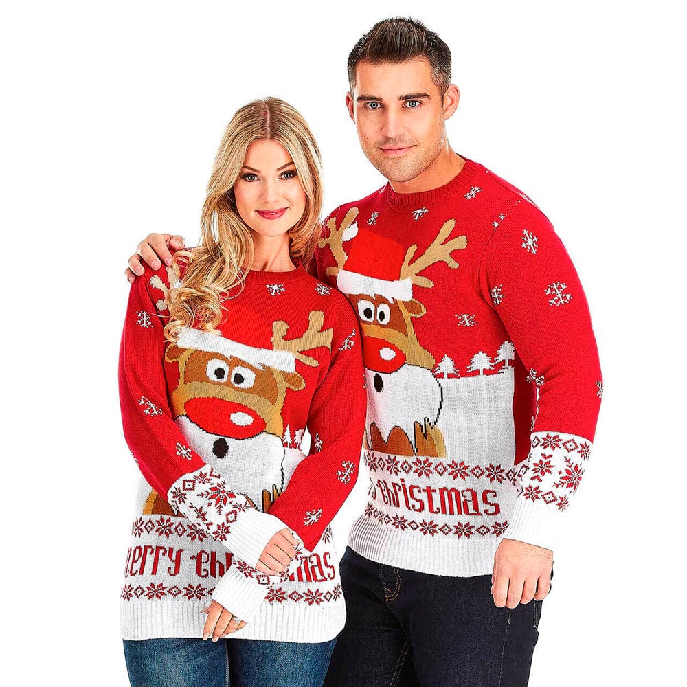 Red Christmas Jumper with Reindeer Couple