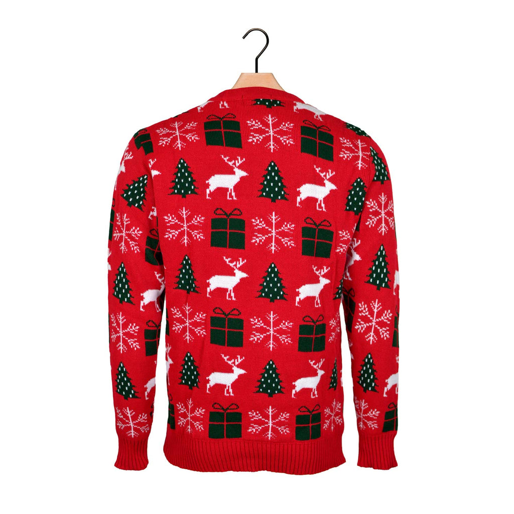 Red Christmas Jumper with Reindeers, Gifts and Trees Back