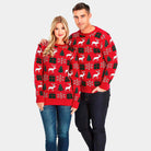 Red Christmas Jumper with Reindeers, Gifts and Trees Couple