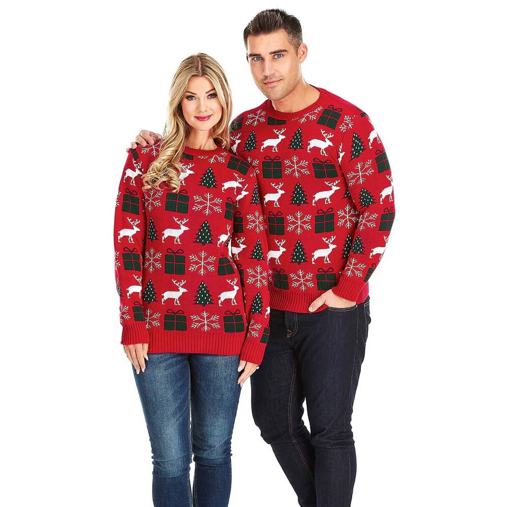 Red Christmas Jumper with Reindeers, Gifts and Trees Couple
