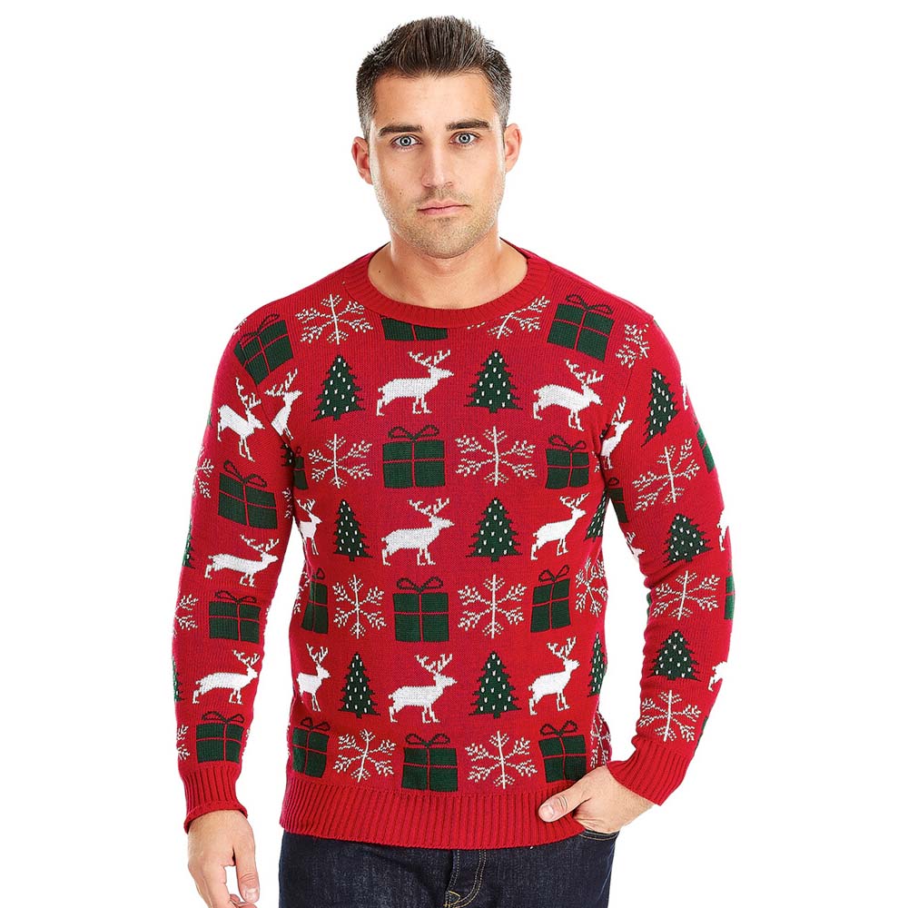 Mens Red Christmas Jumper with Reindeers, Gifts and Trees