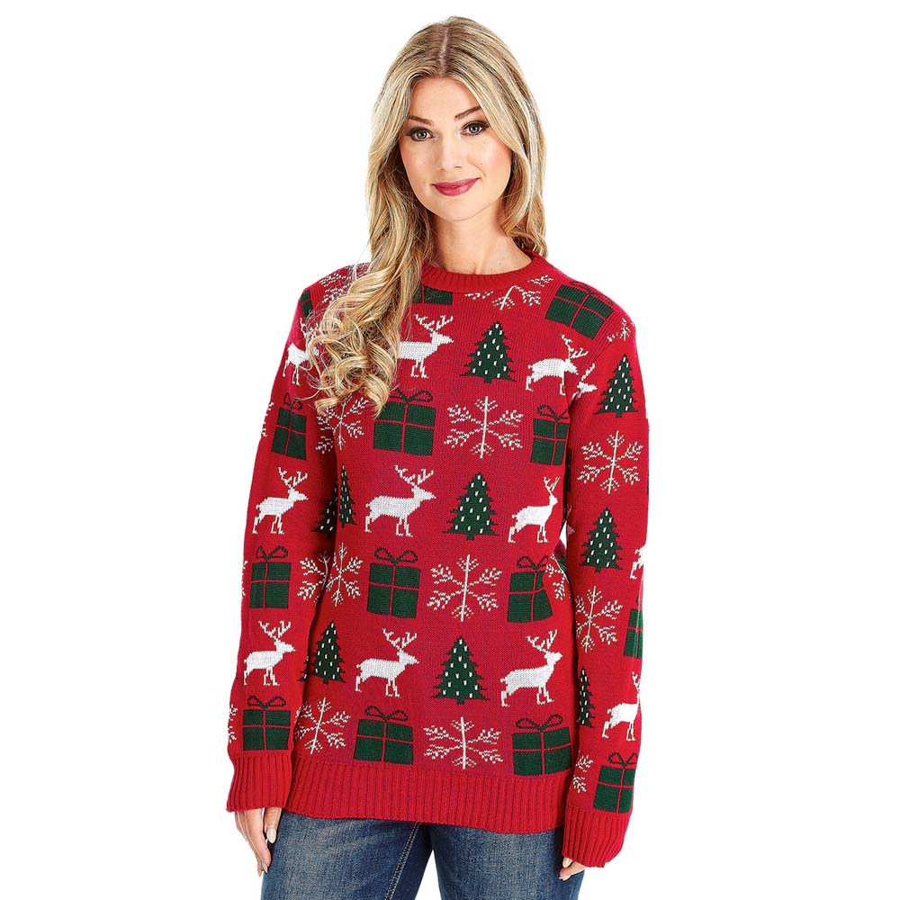 Womens Red Christmas Jumper with Reindeers, Gifts and Trees
