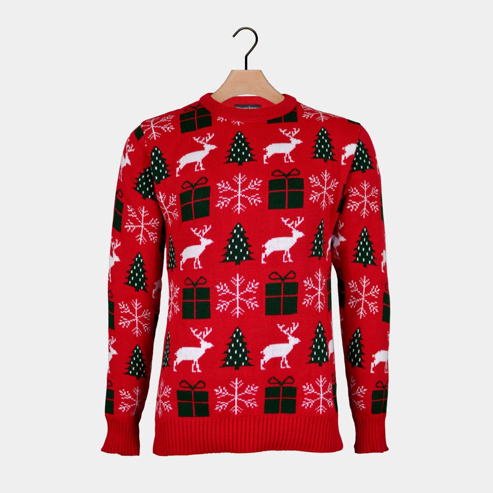 Red Christmas Jumper with Reindeers, Gifts and Trees