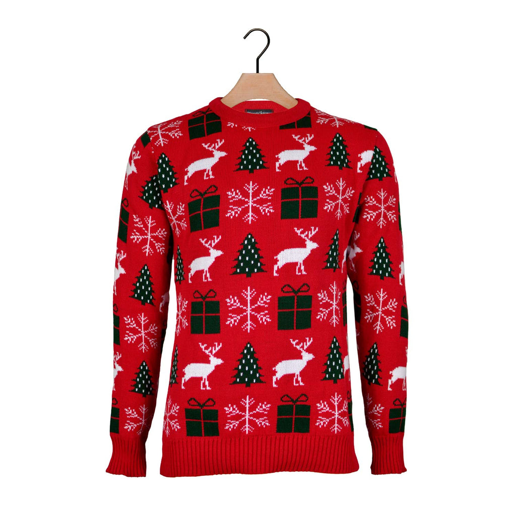 Red Christmas Jumper with Reindeers, Gifts and Trees