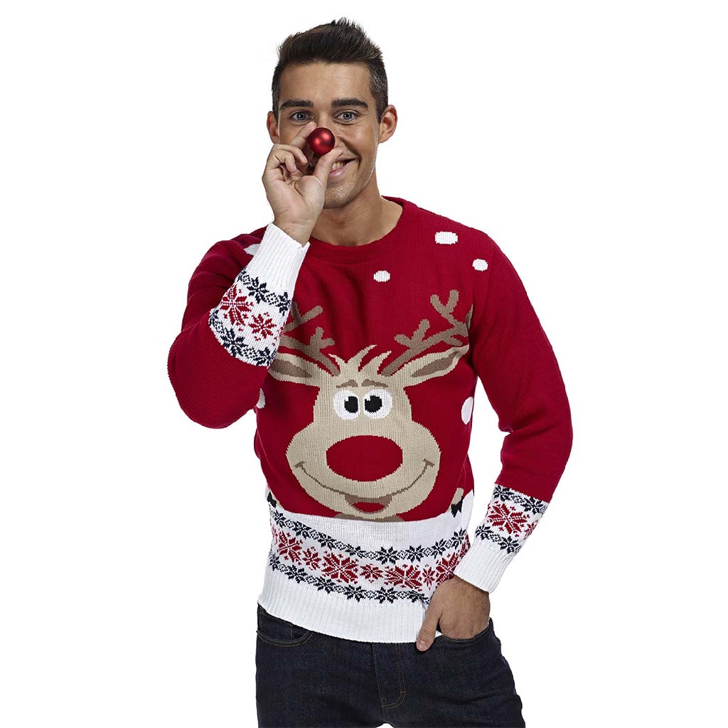 Mens Red Christmas Jumper with Reindeer and Snow