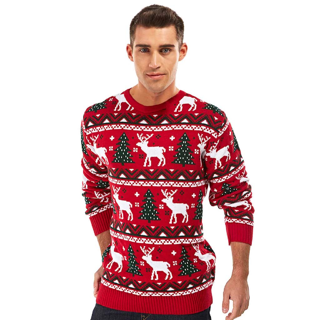 Mens Red Christmas Jumper with Reindeers and Christmas Trees 2021