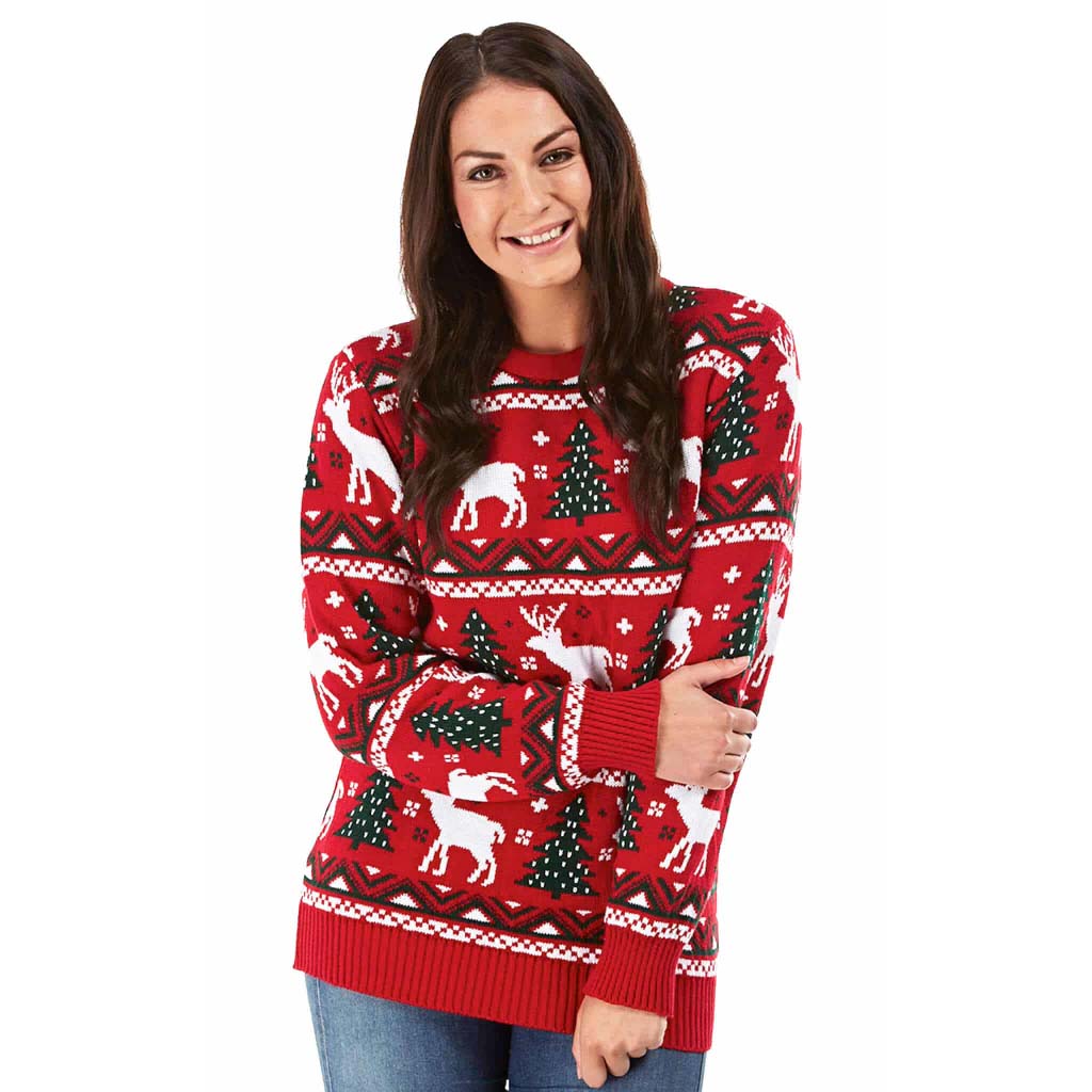 Womens Red Christmas Jumper with Reindeers and Christmas Trees 2021