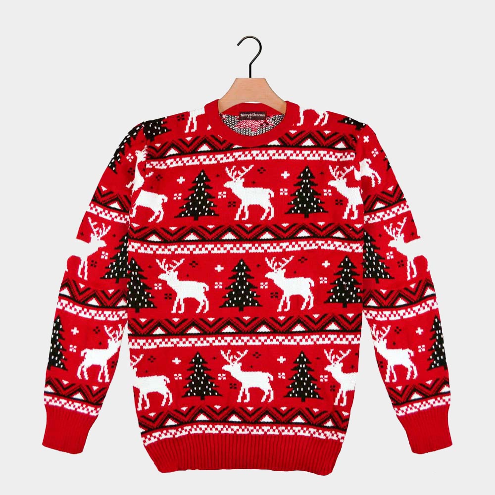 Red Christmas Jumper with Reindeers and Christmas Trees 2021