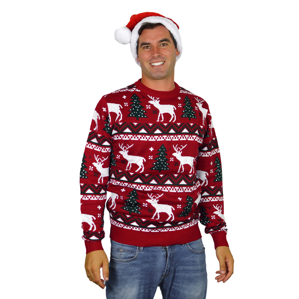 Red Christmas Jumper with Reindeers and Christmas Trees Mens