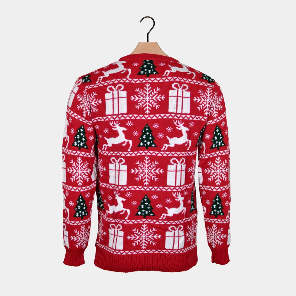 Red Christmas Jumper with Reindeers, Trees and Gifts Back