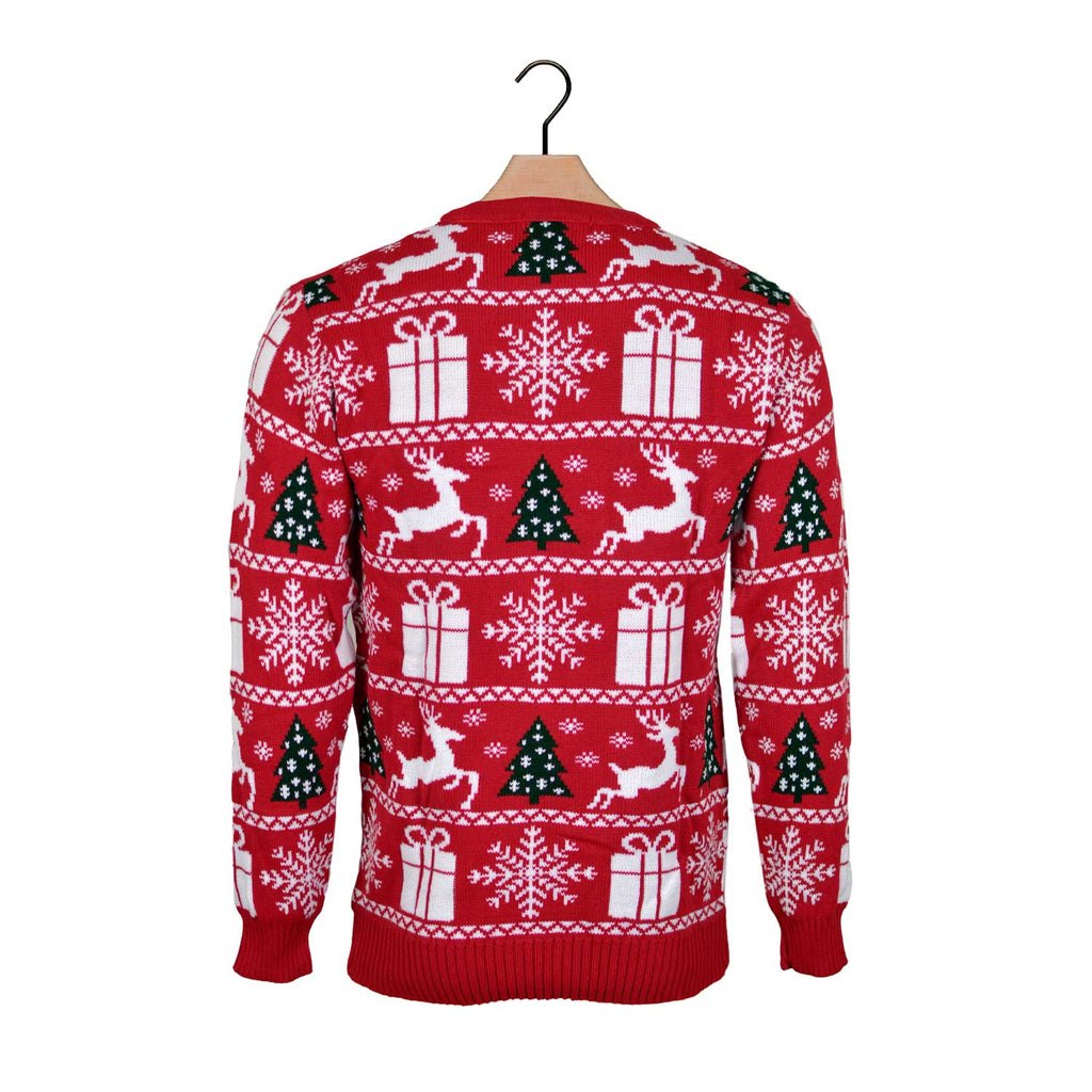 Red Christmas Jumper with Reindeers, Trees and Gifts Back