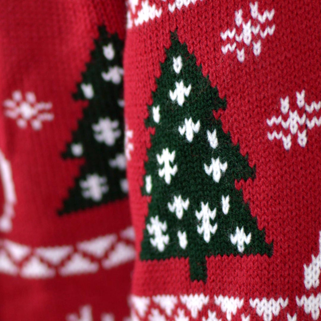 Red Christmas Jumper with Reindeers, Trees and Gifts Detail