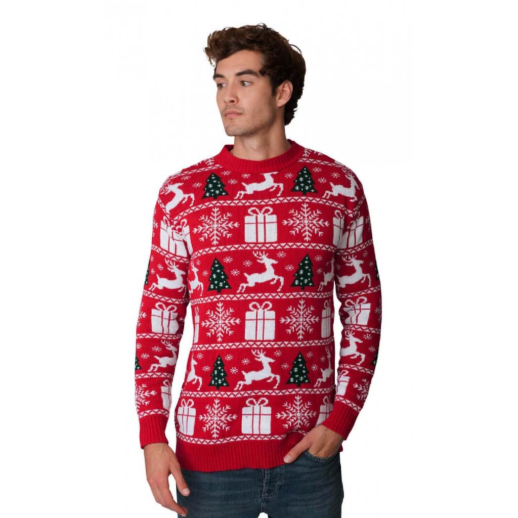 Mens Red Christmas Jumper with Reindeers, Trees and Gifts