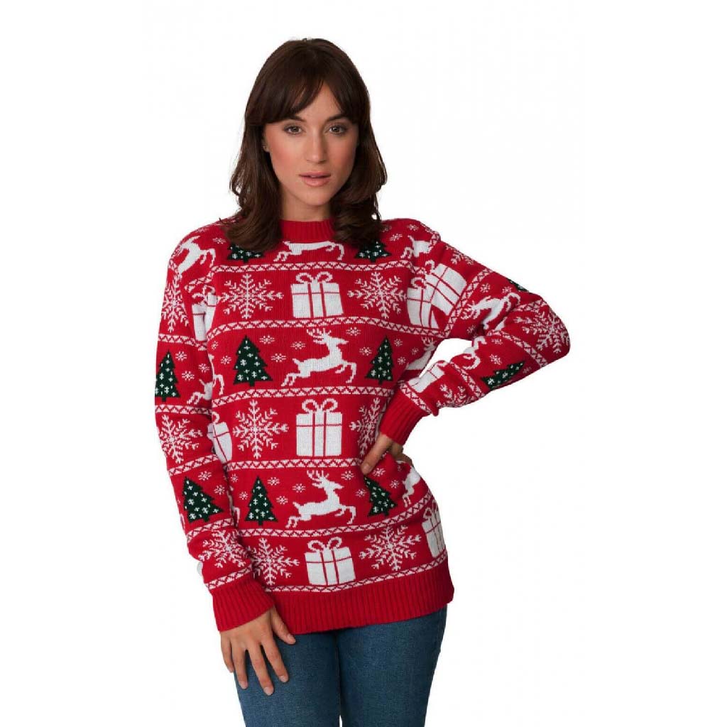 Womens Red Christmas Jumper with Reindeers, Trees and Gifts