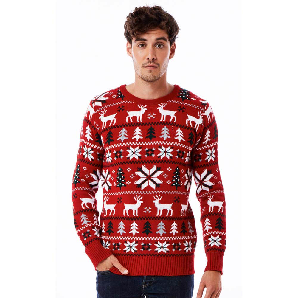 Mens Red Christmas Jumper with Reindeers, Trees and Polar Star 2021