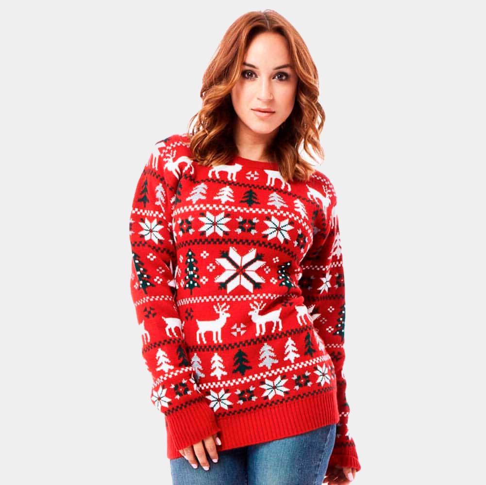 Womens Red Christmas Jumper with Reindeers, Trees and Polar Star 2021