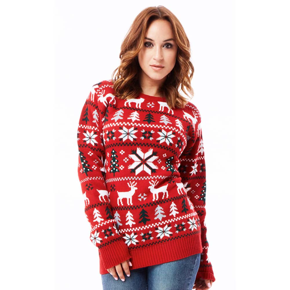 Womens Red Christmas Jumper with Reindeers, Trees and Polar Star 2021