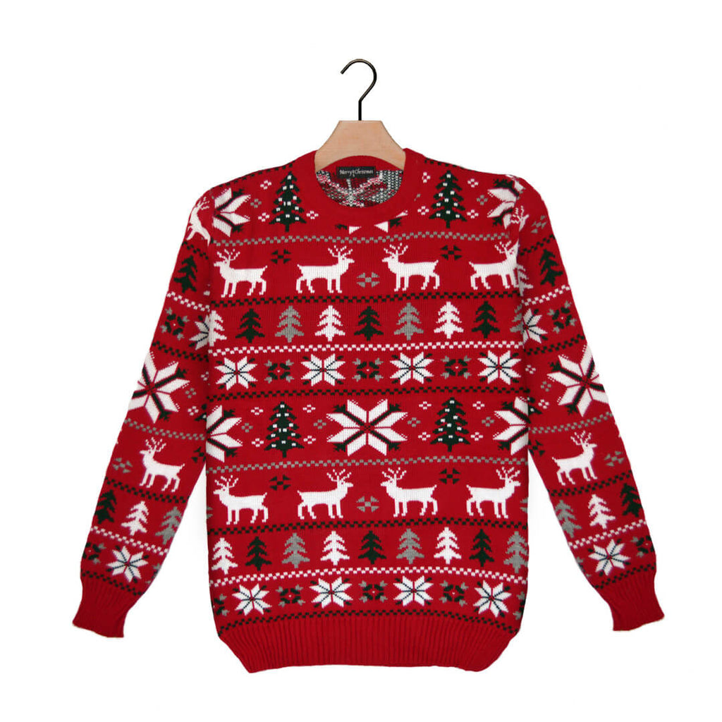 Red Christmas Jumper with Reindeers, Trees and Polar Star 2021