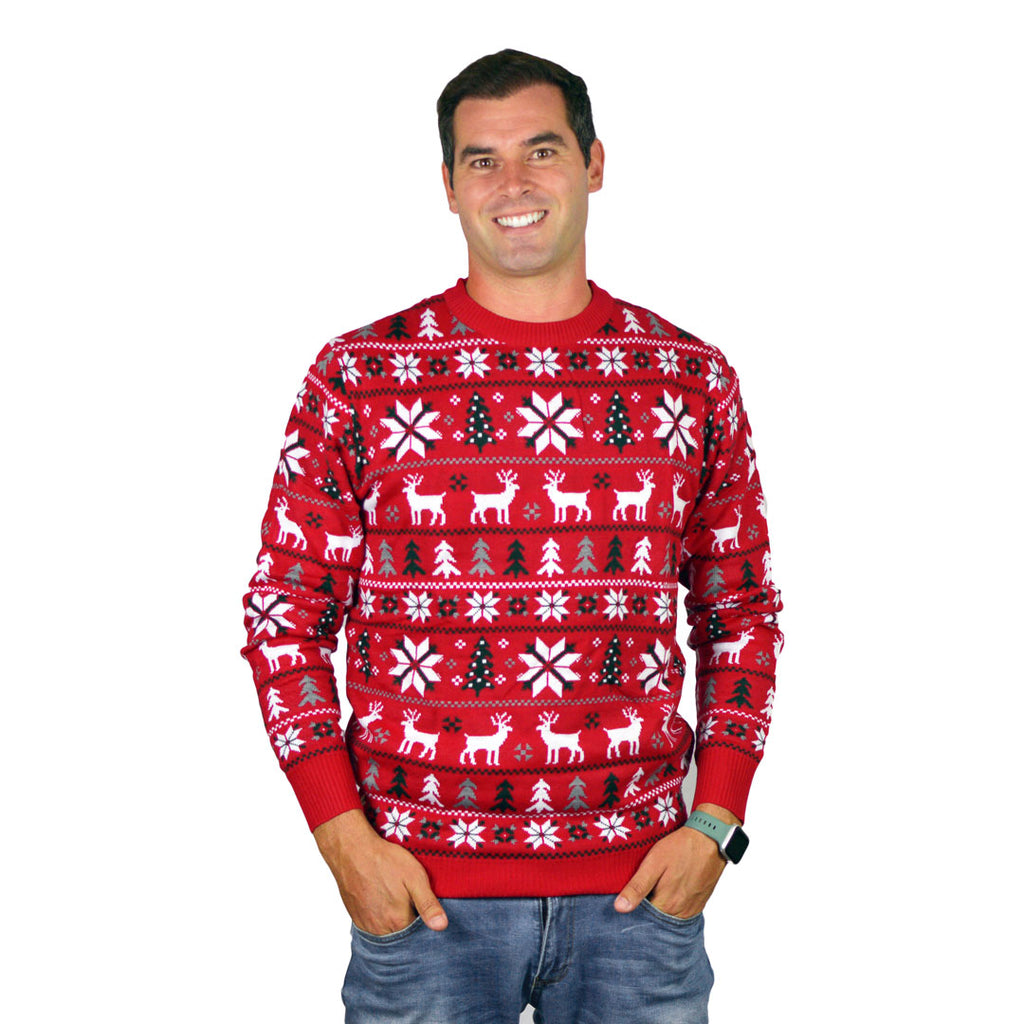 Red Christmas Jumper with Reindeers, Trees and Polar Star Mens